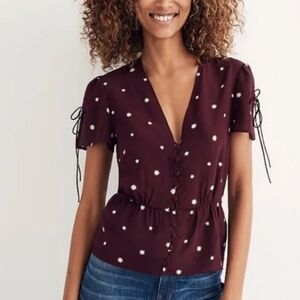 Madewell Silk Flutter Sleeve Star Blouse, Size 4, Burgundy Red